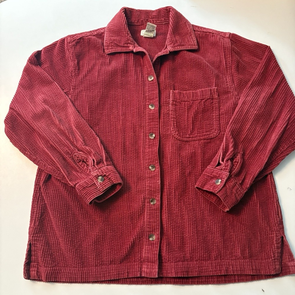 LL Bean Corduroy Shirt Shacket S Petite Red Wide Whale Button Up Comfort WJ29